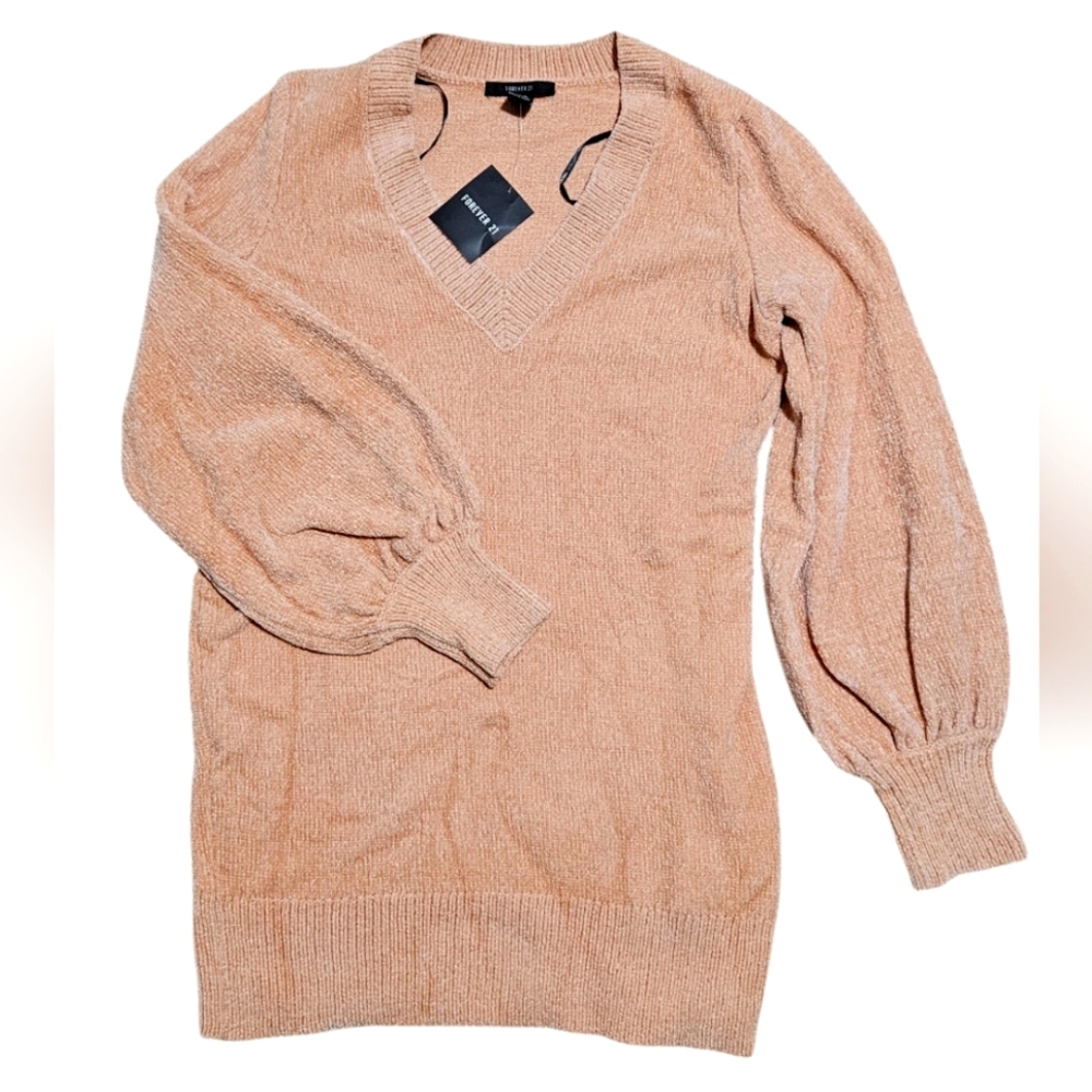 NWT Forever 21 V-Neck Well Woven Sweater Knit Dress Yarn Beige Blush Medium